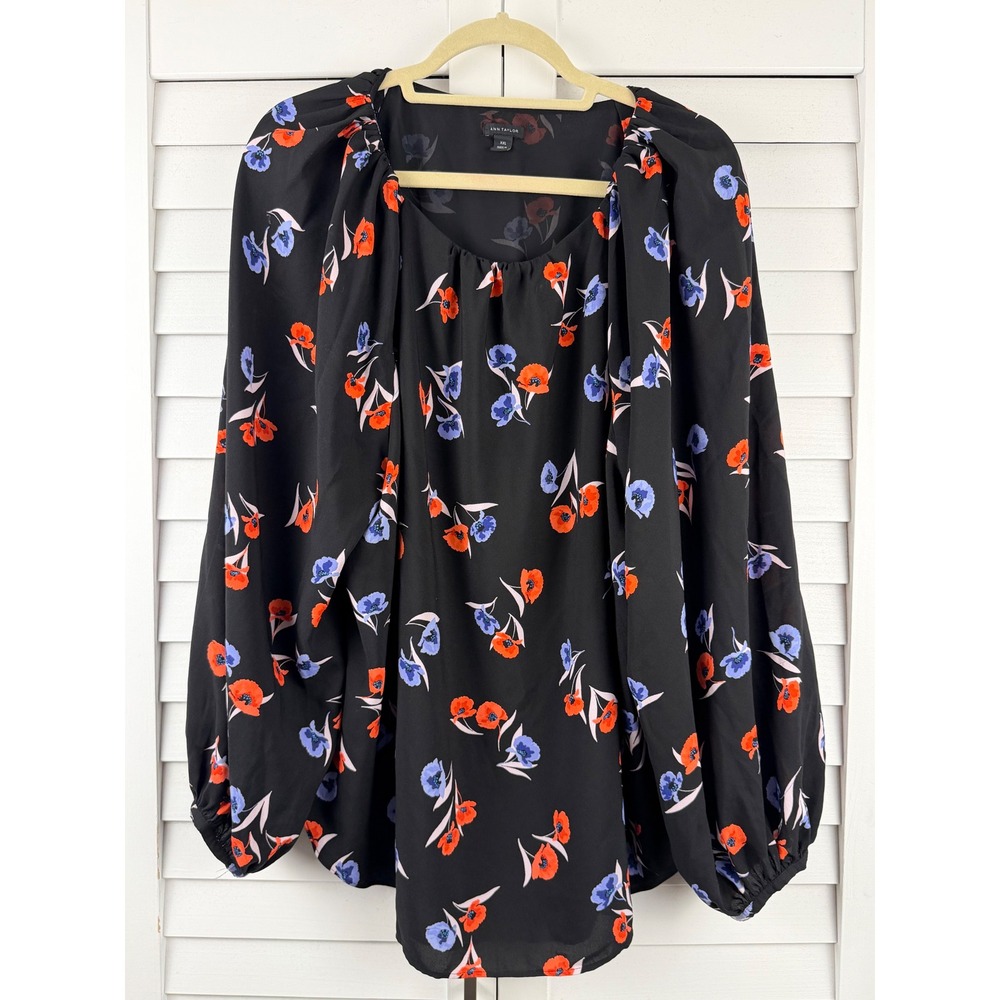 Ann Taylor Blouse XXL Black Floral Balloon Sleeve Pleated Neck Top